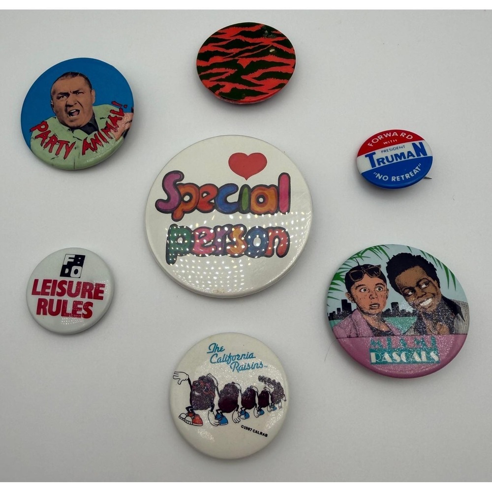 Vintage 80s Pinback Button Lot California Raisins Ferris Bueller Truman Stooges